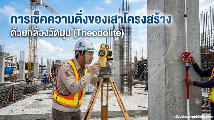 การเช็คความดิ่งของเสาโครงสร้างด้วยกล้องวัดมุม (Theodolite)