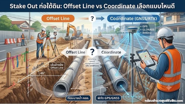 Stake Out ท่อใต้ดิน: Offset Line vs Coordinate เลือกแบบไหนดี