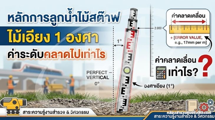 หลักการลูกน้ำไม้สต๊าฟ: ไม้เอียง 1 องศา ค่าระดับคลาดไปเท่าไร
