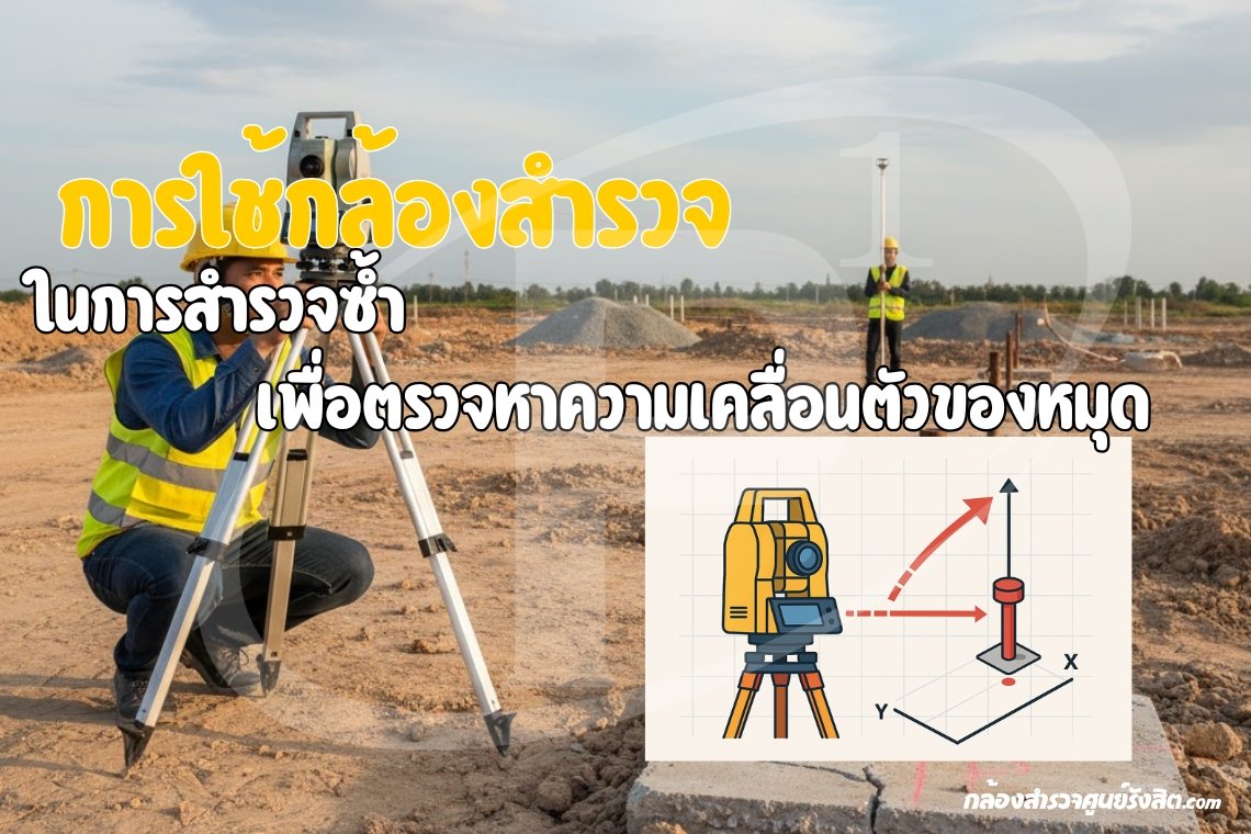 การใช้กล้องสำรวจในการตรวจเพื่อหาความเคลื่อนตัวของหมุด การใช้กล้องสำรวจในการตรวจเพื่อหาความเคลื่อนตัวของหมุด
