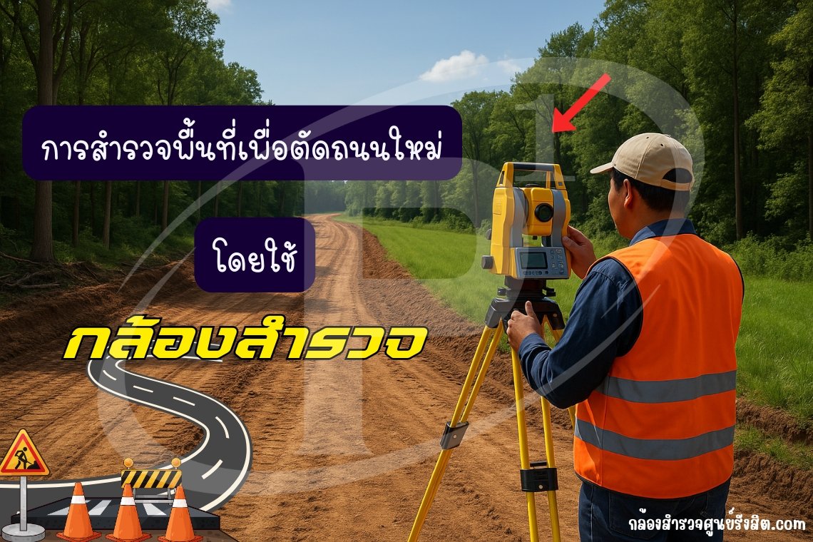การสำรวจพื้นที่เพื่อตัดถนนใหม่โดยใช้กล้องสำรวจ