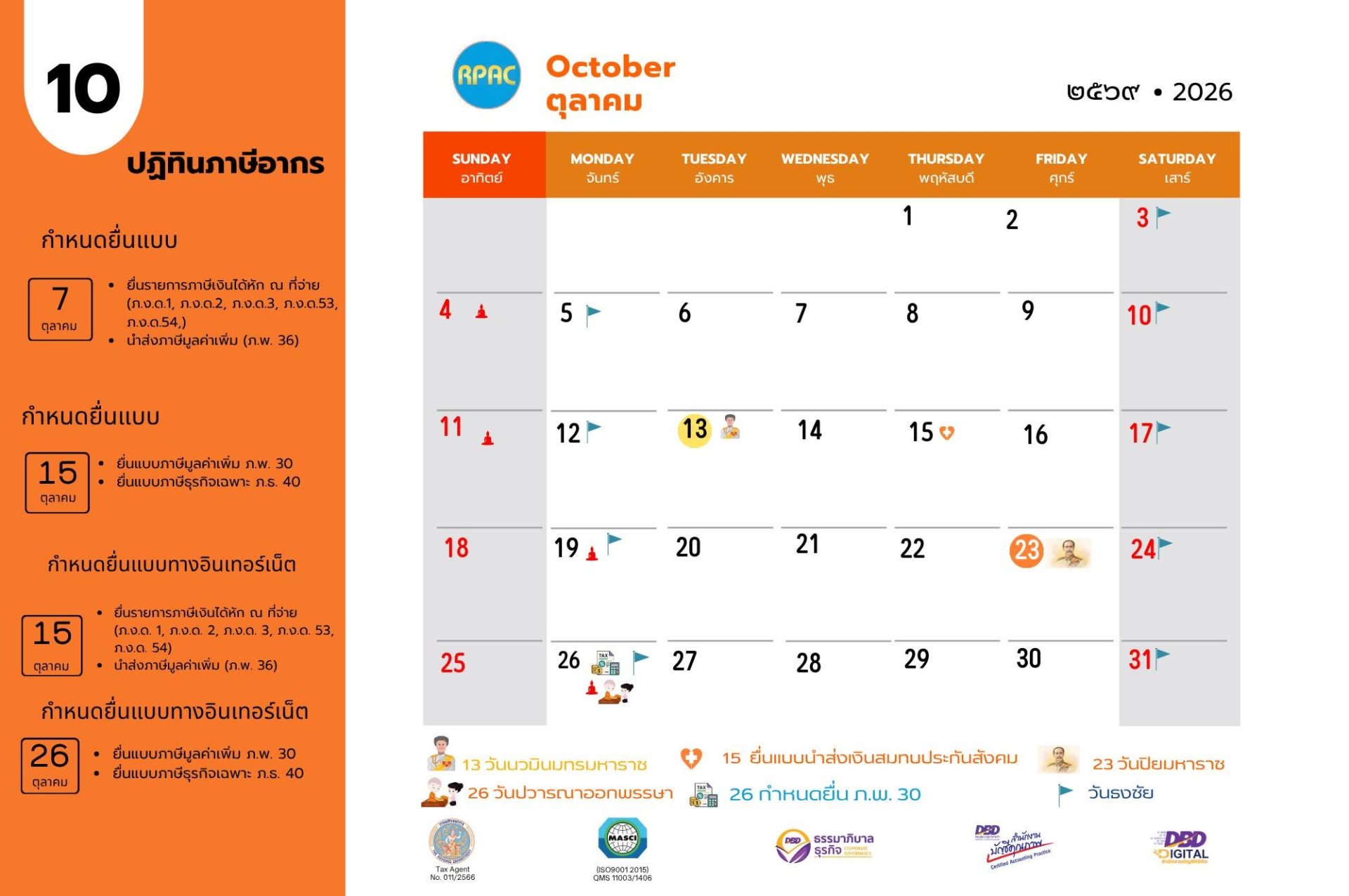 ปฎิทินภาษีอากร ประจำเดือน ตุลาคม 2569