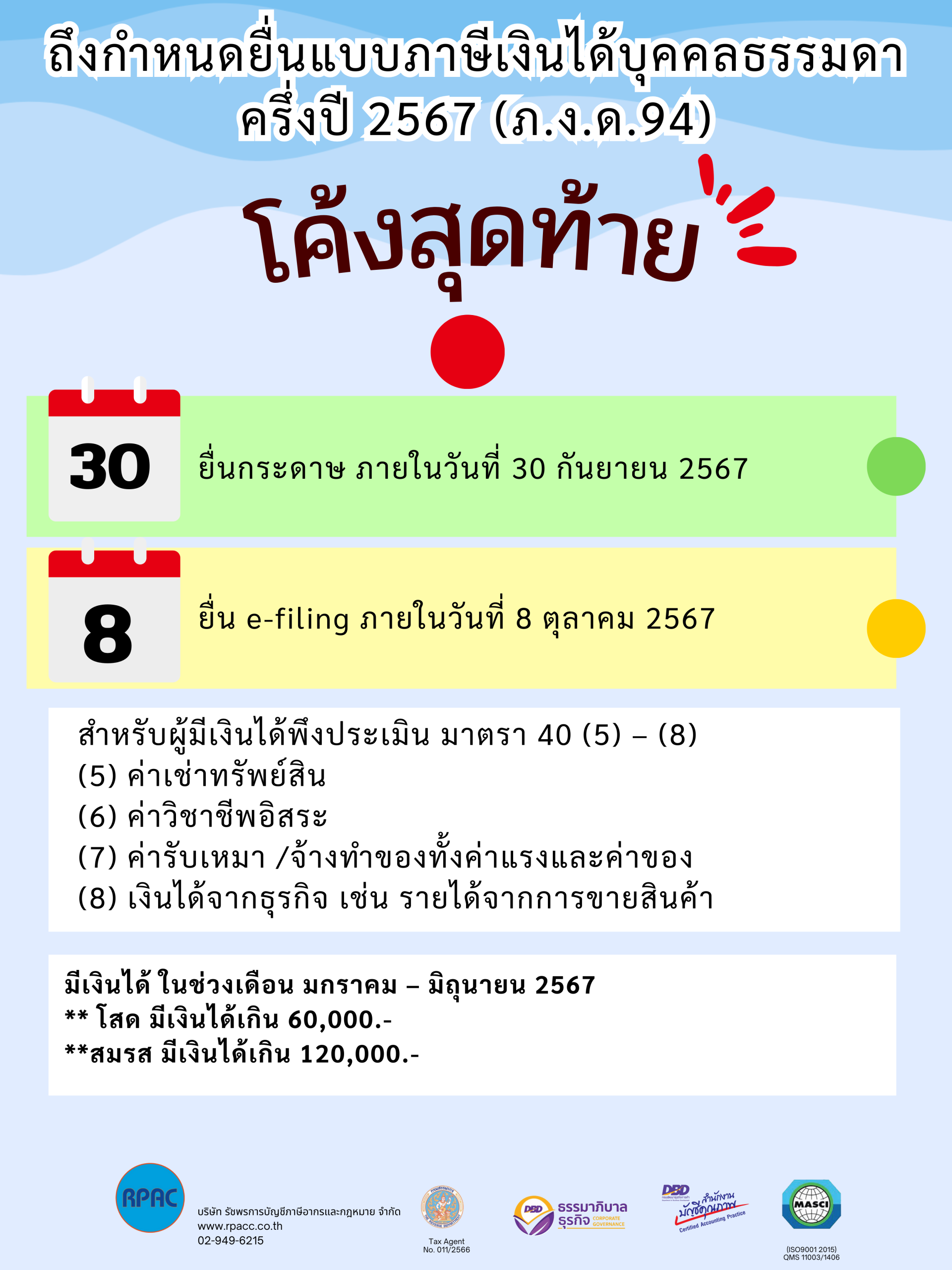 ถึงกำหนดยื่นแบบภาษีเงินได้บุคคลธรรมดาครึ่งปี 2567 (ภ.ง.ด.94)  ถึงกำหนดยื่นแบบภาษีเงินได้บุคคลธรรมดาครึ่งปี 2567 (ภ.ง.ด.94)
