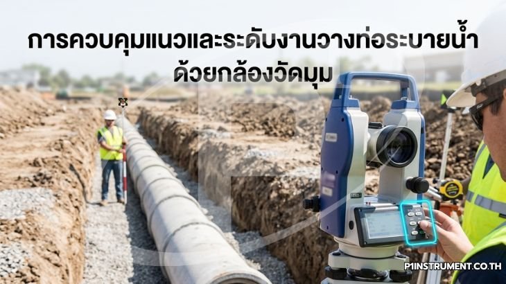 การควบคุมแนวและระดับงานวางท่อระบายน้ำด้วยกล้องวัดมุม