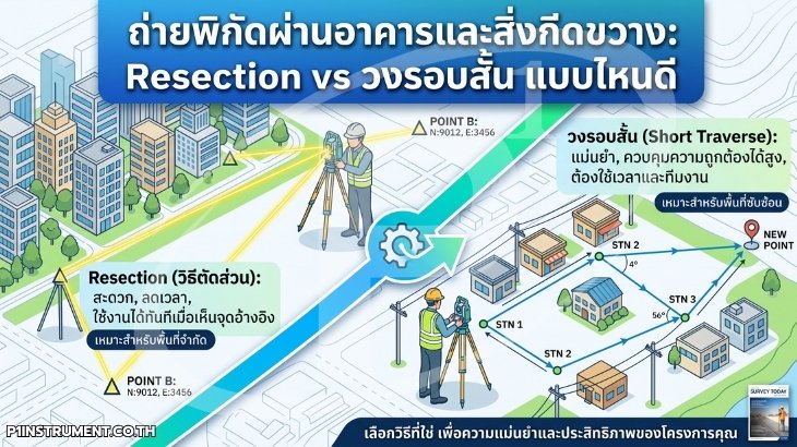 ถ่ายพิกัดผ่านอาคารและสิ่งกีดขวาง: Resection vs วงรอบสั้น แบบไหนดี