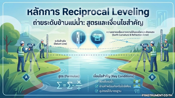หลักการ Reciprocal Leveling ถ่ายระดับข้ามแม่น้ำ: สูตรและเงื่อนไขสำคัญ