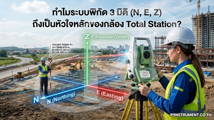 ทำไมระบบพิกัด 3 มิติ (N, E, Z) ถึงเป็นหัวใจหลักของกล้อง Total Station?