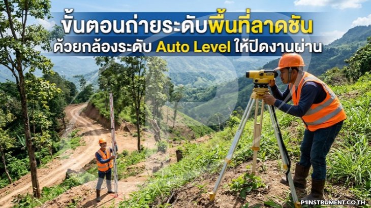 ขั้นตอนถ่ายระดับพื้นที่ลาดชันด้วยกล้องระดับ Auto Level ให้ปิดงานผ่าน