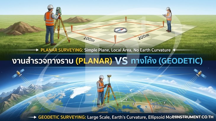งานสำรวจทางราบ (Planar) vs ทางโค้ง (Geodetic)