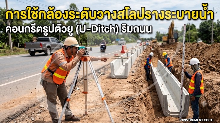 การใช้กล้องระดับวางสโลปรางระบายน้ำคอนกรีตรูปตัวยู (U-Ditch) ริมถนน