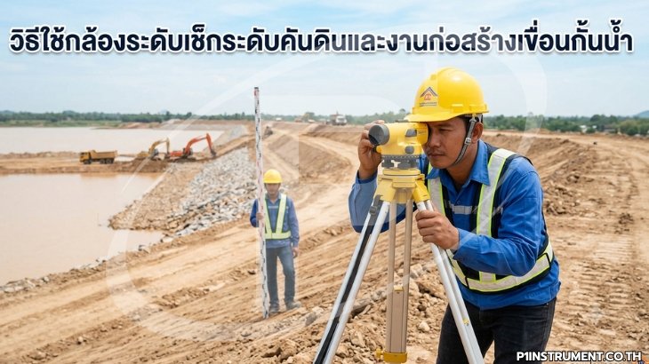 วิธีใช้กล้องระดับเช็กระดับคันดินและงานก่อสร้างเขื่อนกั้นน้ำ