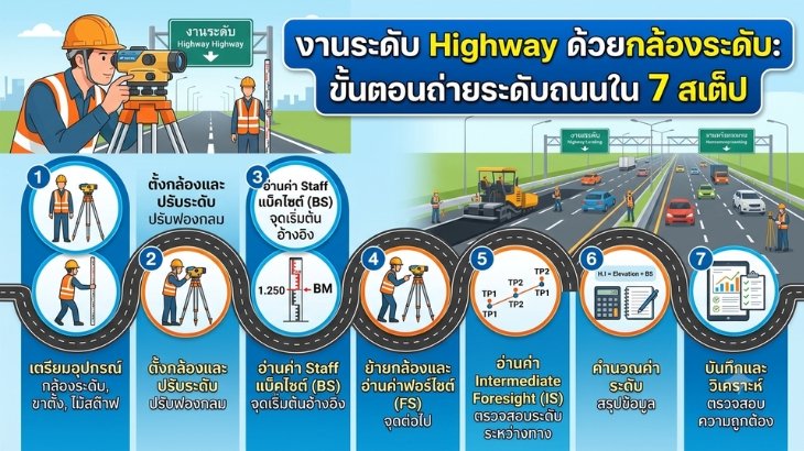 งานระดับ Highway ด้วยกล้องระดับ: ขั้นตอนถ่ายระดับถนนใน 7 สเต็ป