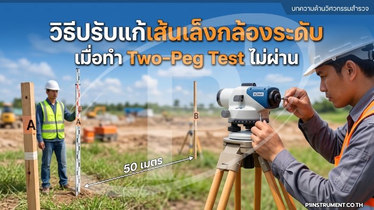 วิธีปรับแก้เส้นเล็งกล้องระดับเมื่อทำ Two-Peg Test ไม่ผ่าน
