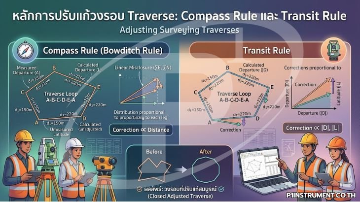 หลักการปรับแก้วงรอบ Traverse: Compass Rule และ Transit Rule