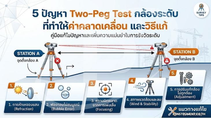 5 ปัญหา Two-Peg Test กล้องระดับ ที่ทำให้ค่าคลาดเคลื่อน และวิธีแก้