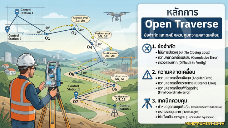 หลักการ Open Traverse: ข้อจำกัดและเทคนิคควบคุมความคลาดเคลื่อน