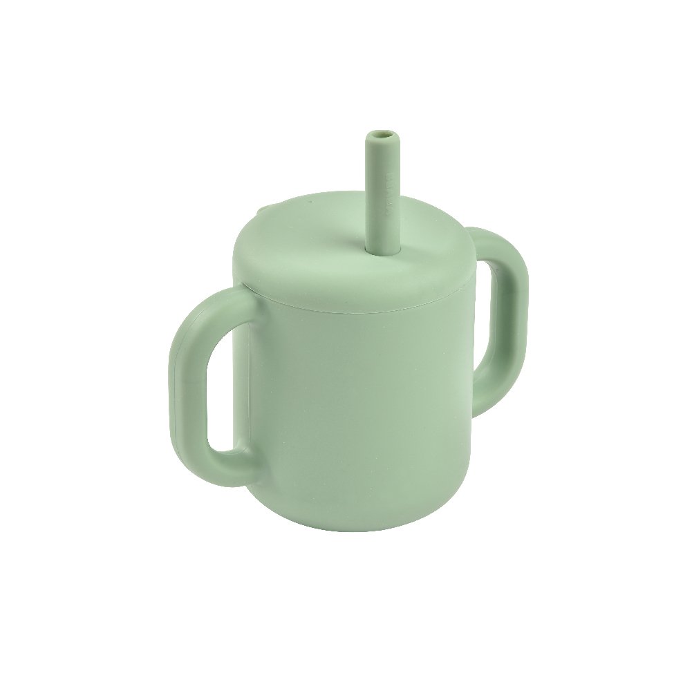 ถ้วยซิลิโคนพร้อมหลอด Silicone Straw Cup with handles - Sage Green
