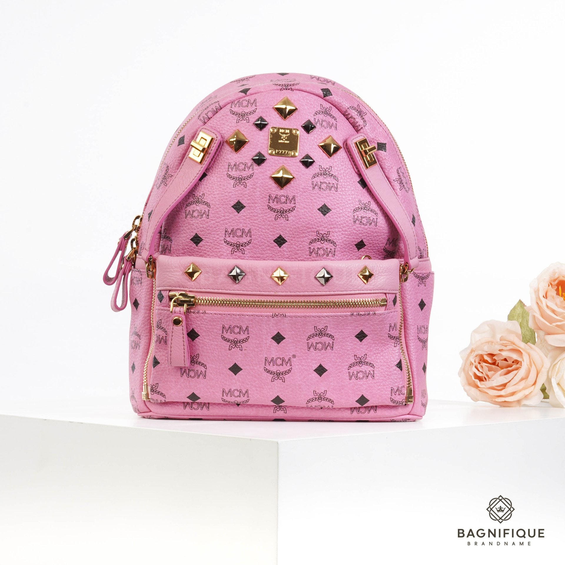 MCM SMALL BACKPACK PINK WITH POUCH 2 PIECES 2ND bagnifiquethailand