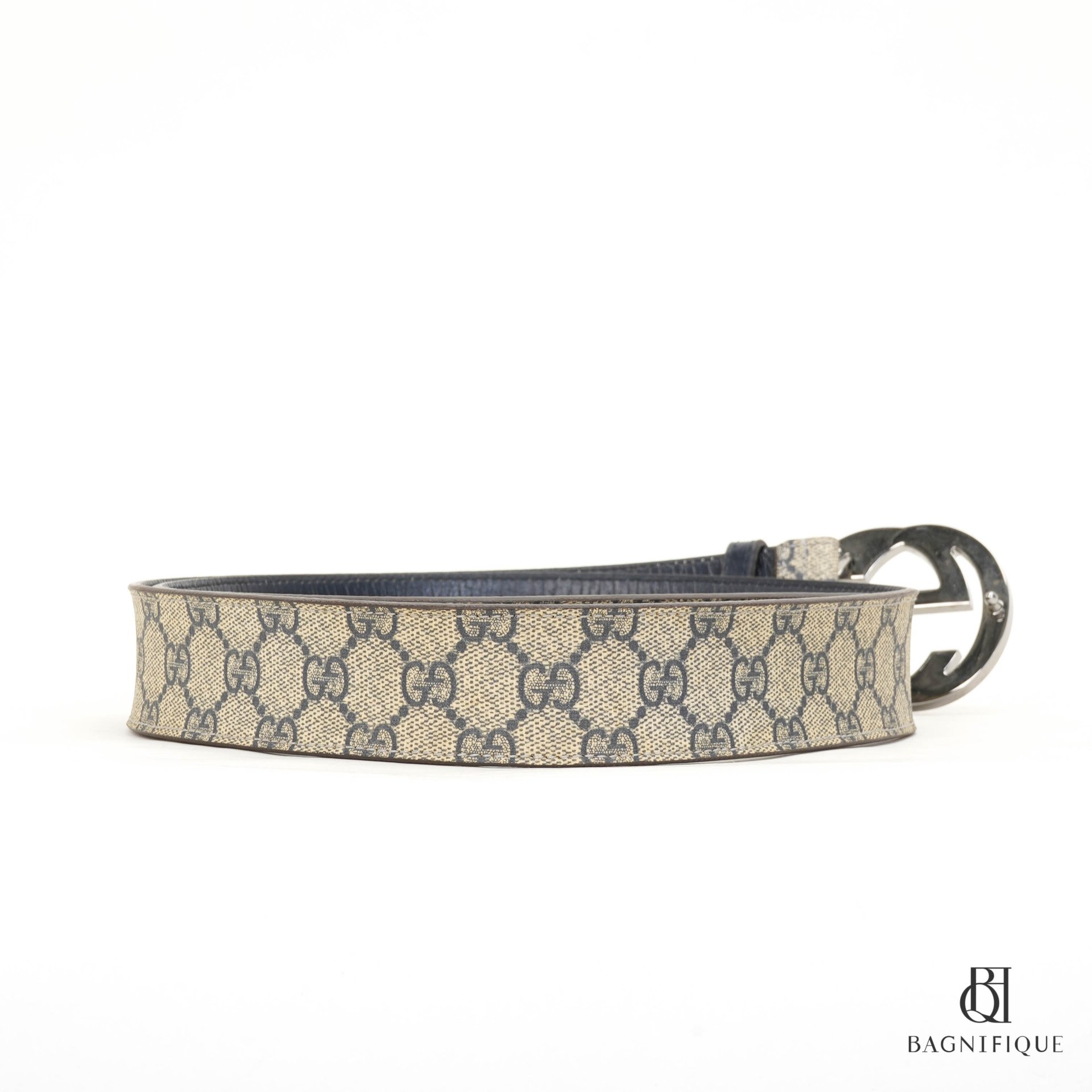 GUCCI BELT 4 CM INTERLOCK 110 BROWN NAVY GG SUPREME MONOGRAM SHW