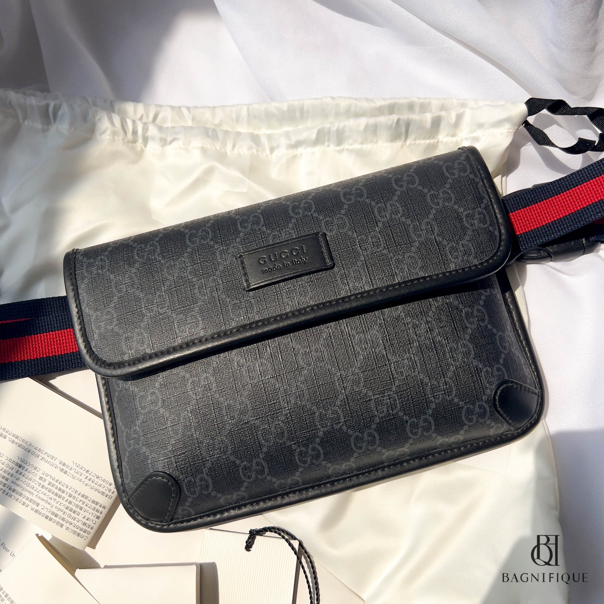 GUCCI BELT BAG SQUARE THIN 24 BLACK GG SUPREME MONOGRAM SHW
