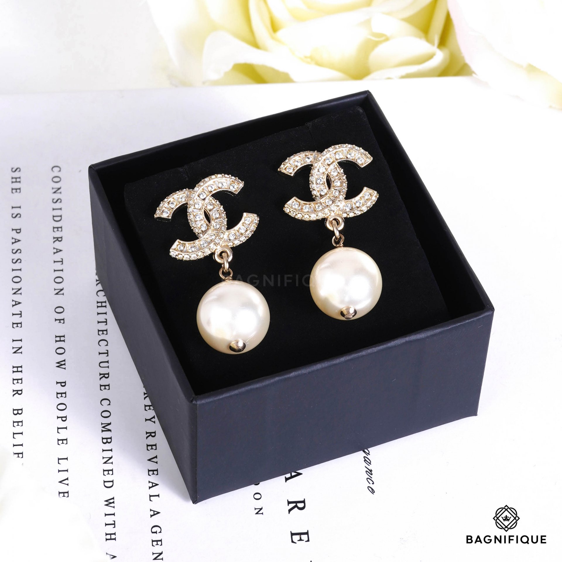 CHANEL EARRINGS 2 ROW CC CRYSTAL WITH PEARL