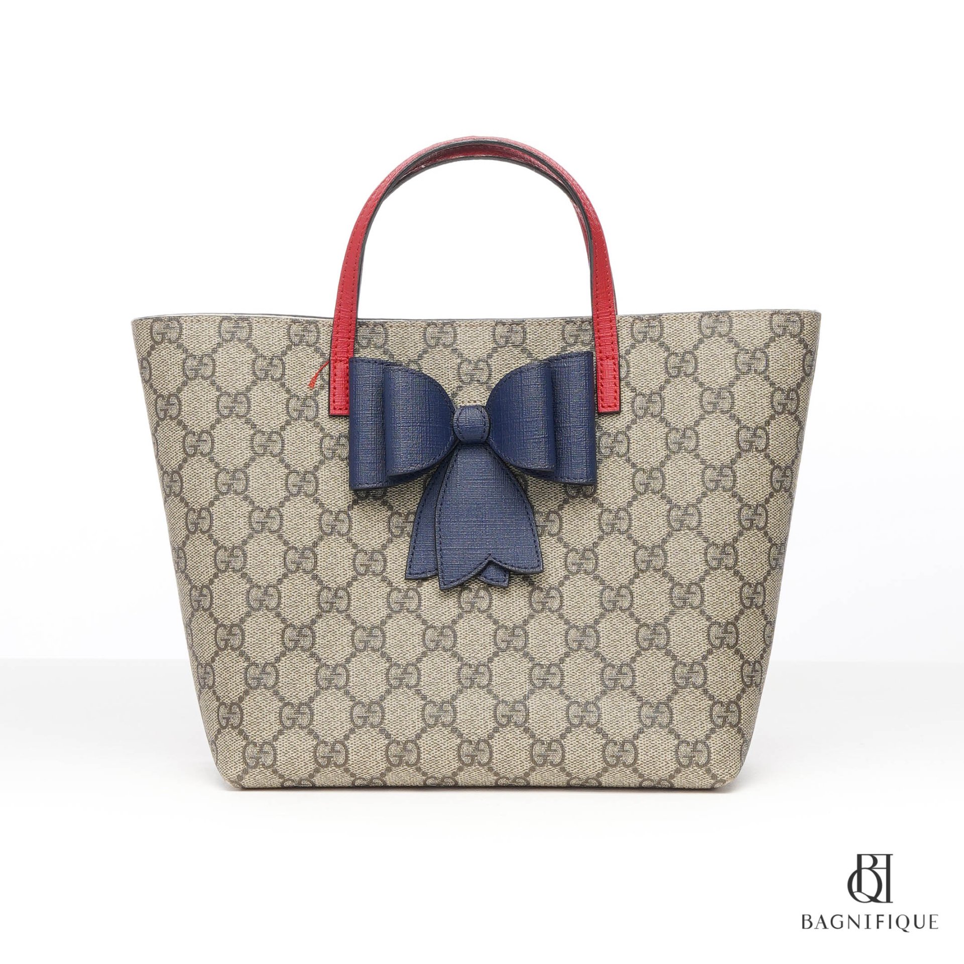 GUCCI KID S TOTE BOW NAVY MINI GG MONOGRAM CANVAS RED SHW
