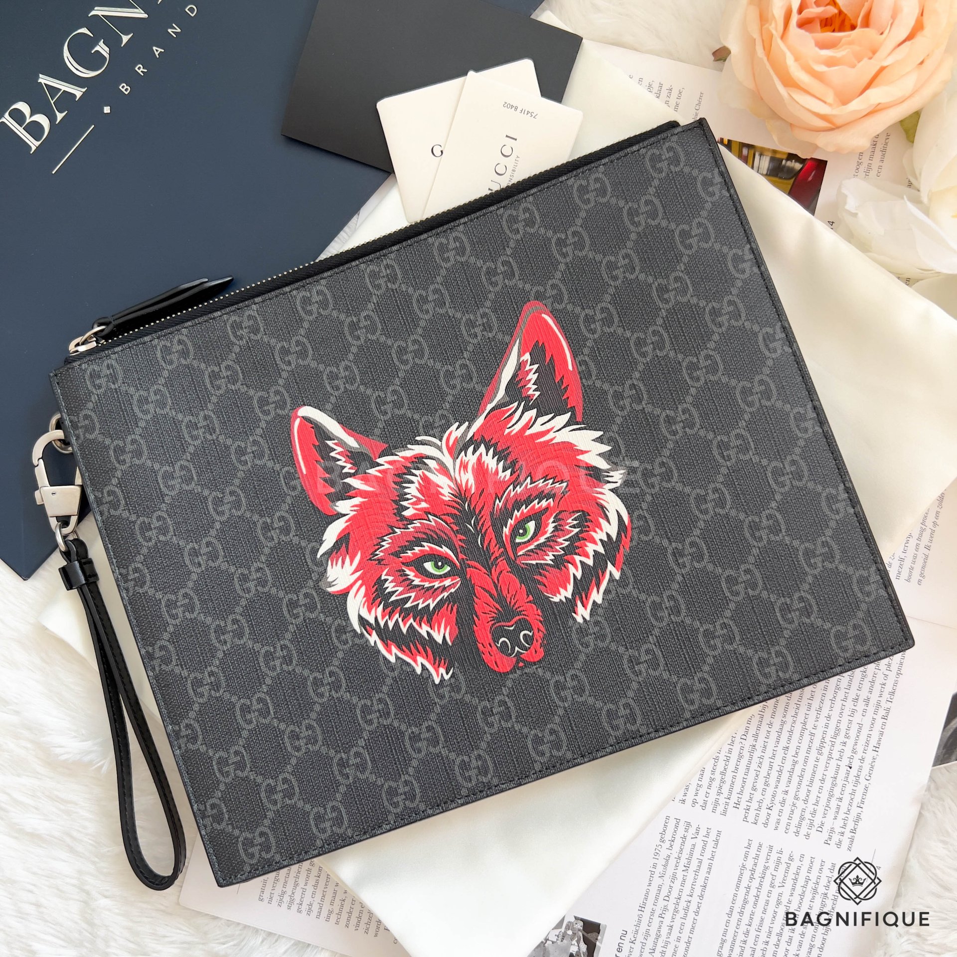 GUCCI CLUTCH 28 BLACK RED WOLF GG SUPREME MONOGRAM SHW