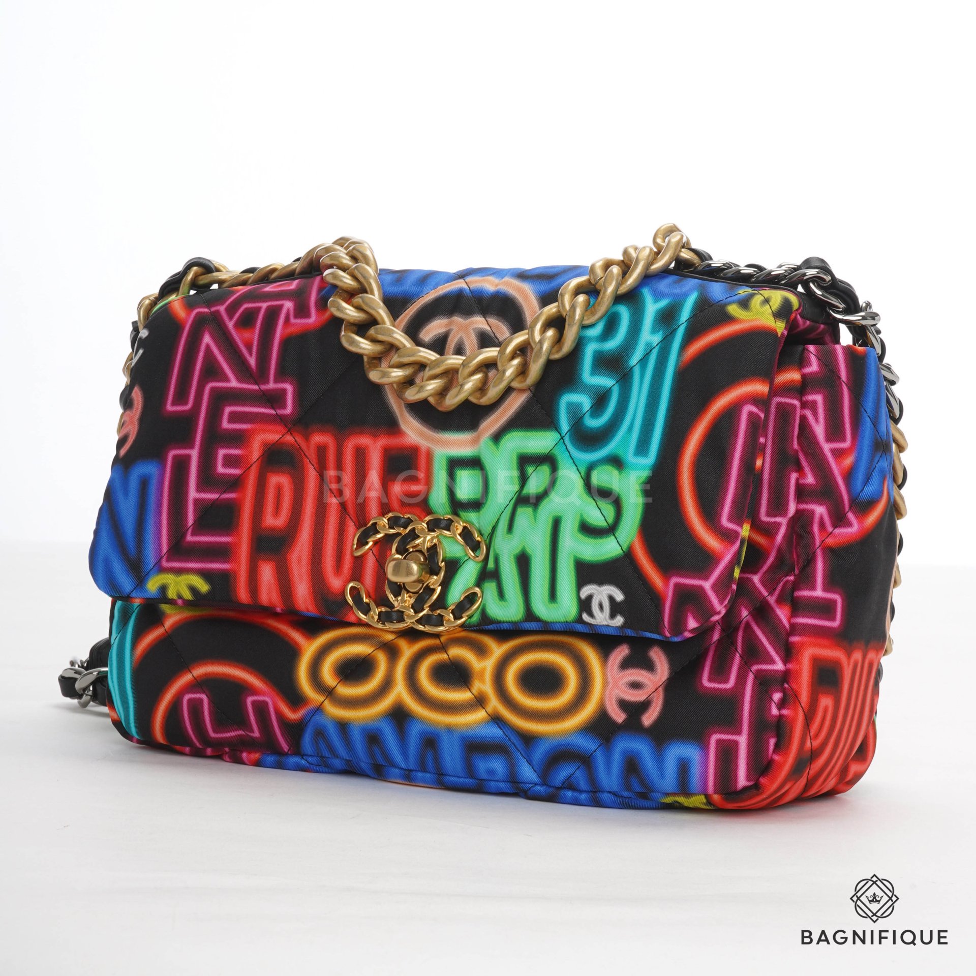 CHANEL FLAP 19 26 BLACK GRAFFITI NEON NYLON SGHW bagnifiquethailand