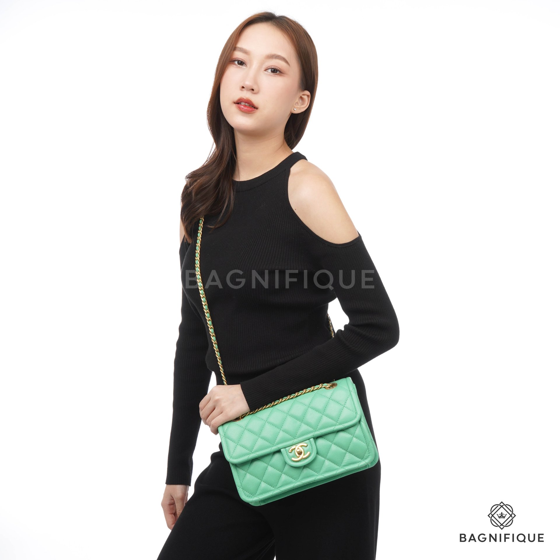 CHANEL SWEET CLASSIC FLAP 9.5 GREEN CAVIAR GHW