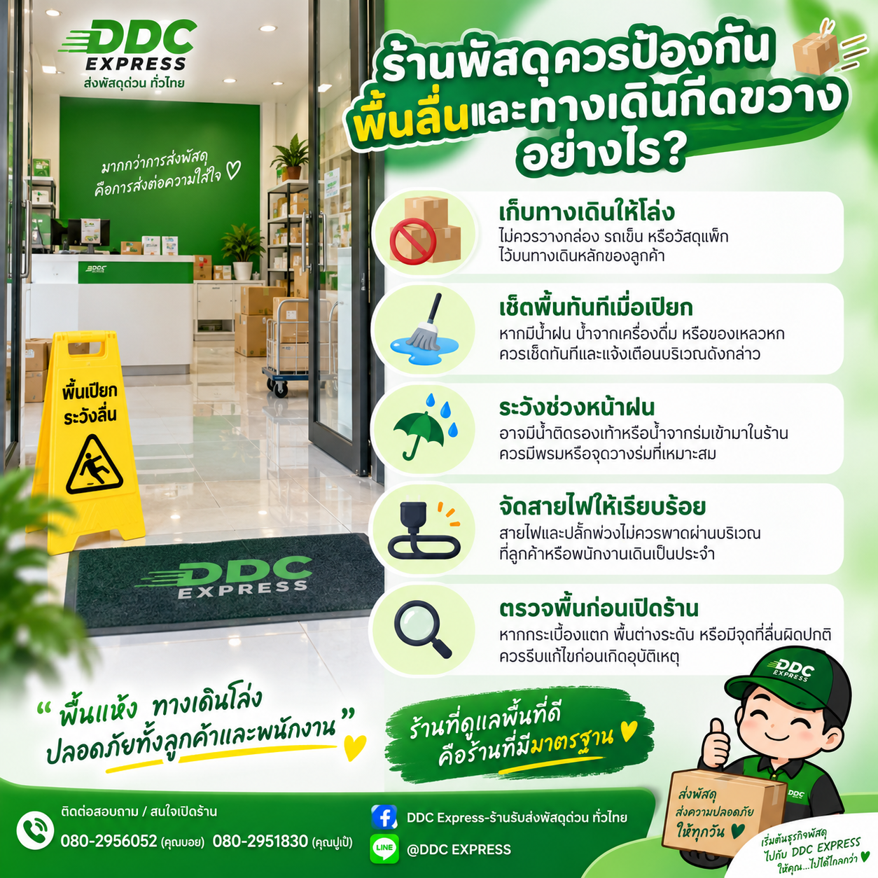 ร้านพัสดุควรป้องกันพื้นลื่นและทางเดินกีดขวางอย่างไร