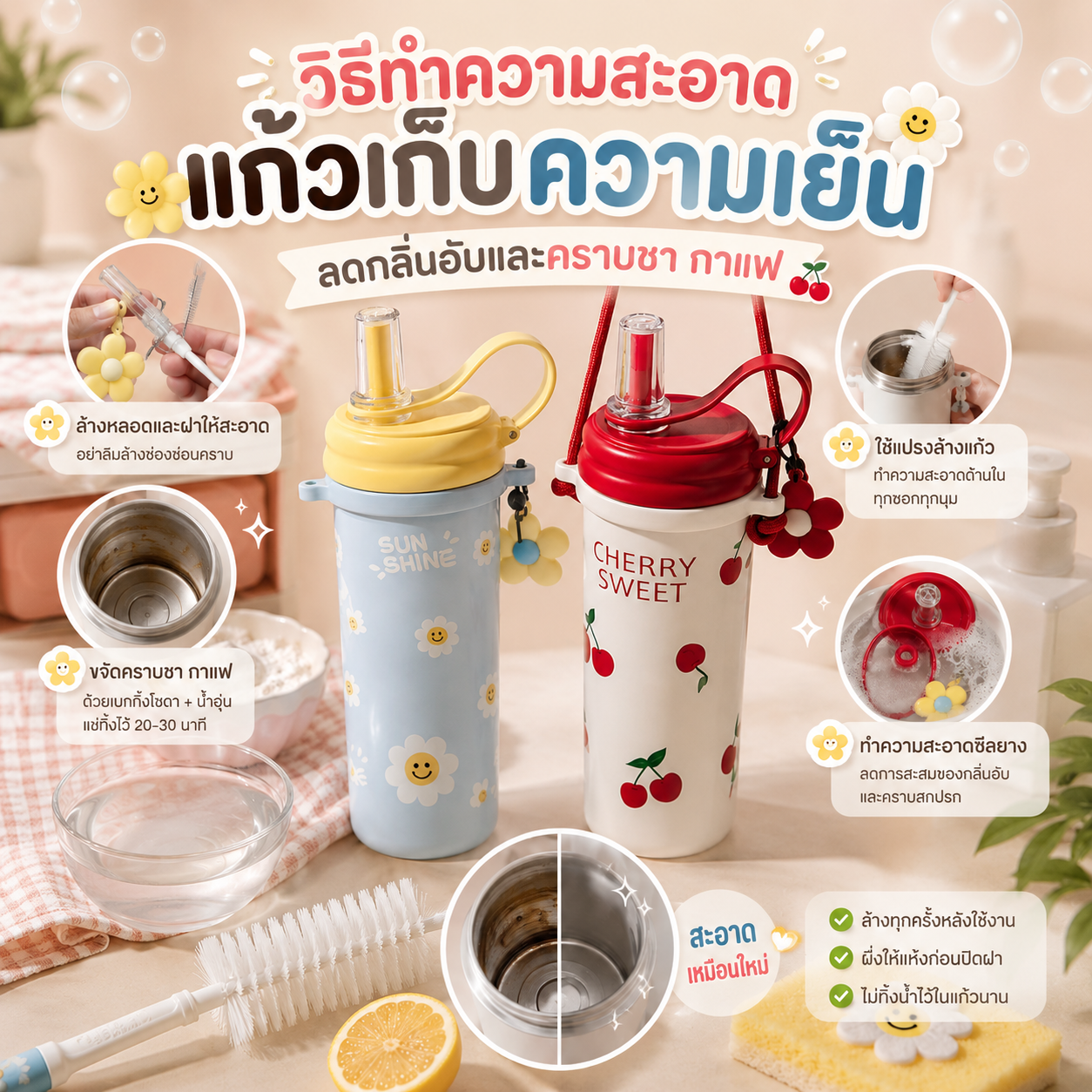 วิธีทำความสะอาดแก้วเก็บความเย็น ลดกลิ่นอับและคราบชา กาแฟ