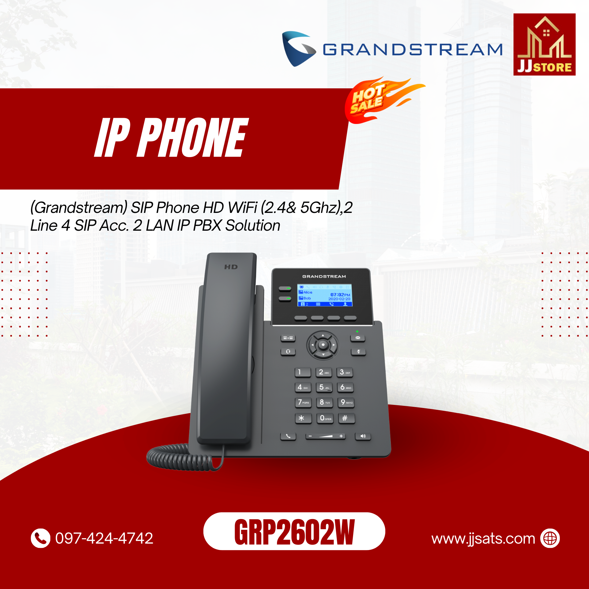 GRP2602W (Grandstream) SIP Phone HD WiFi (2.4& 5Ghz),2 Line 4 SIP Acc. 2 LAN IPPBX solution