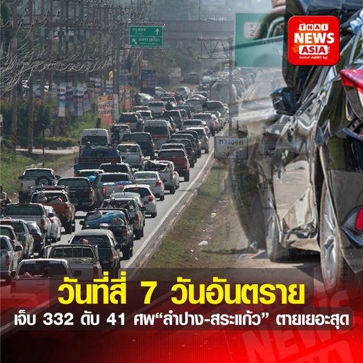 ศปถ.เผย วันที่สี่  7 วันอันตราย ตาย 41 ศพ  เจ็บ 332 คน