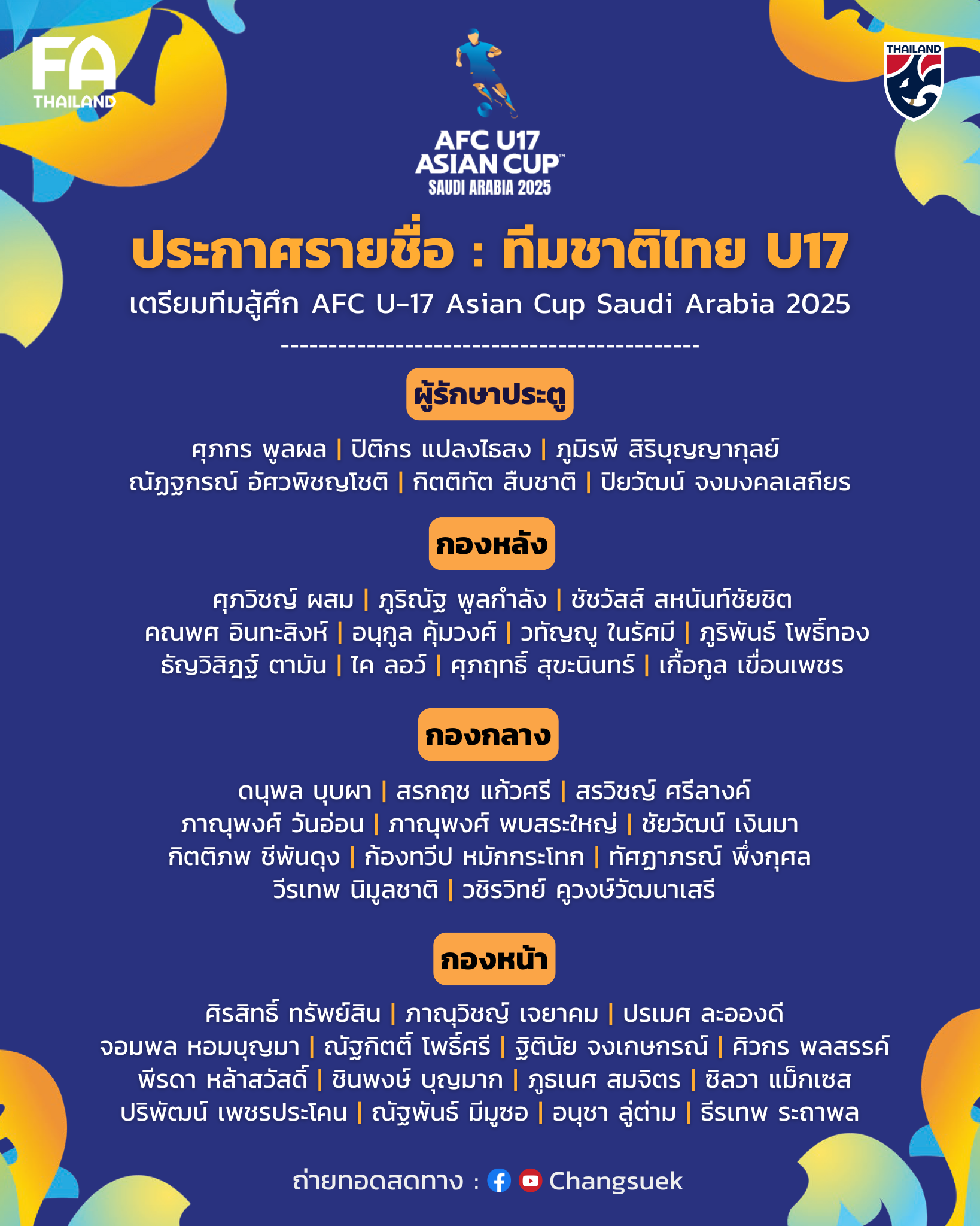  ประกาศ : รายชื่อ 43 นักเตะทีมชาติไทย U17 เก็บตัว รอบที่ 3 เตรียมสู้ศึก AFC U-17 Asian Cup 2025