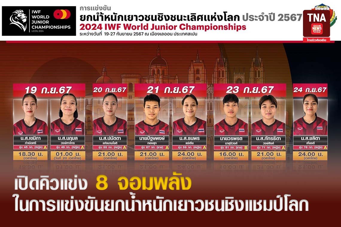 เปิดคิวแข่ง 8 จอมพลังในการแข่งขันยกน้ำหนักเยาวชนชิงแชมป์โลก 