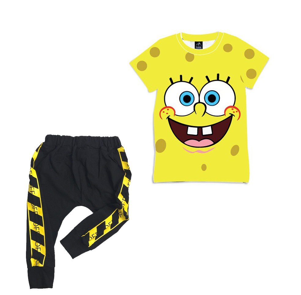 เสื้อเด็กYellow Spongebob และกางเกง DANGER off white 