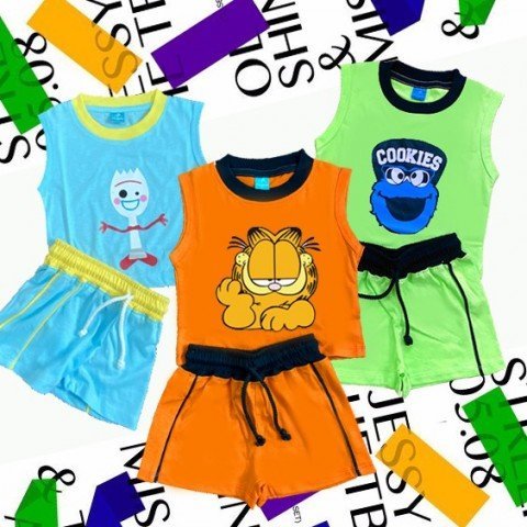 cartoon collection ชุดเช็ทลายการ์ตูนน่ารักแขนกุด ขาสั้น (PB368)