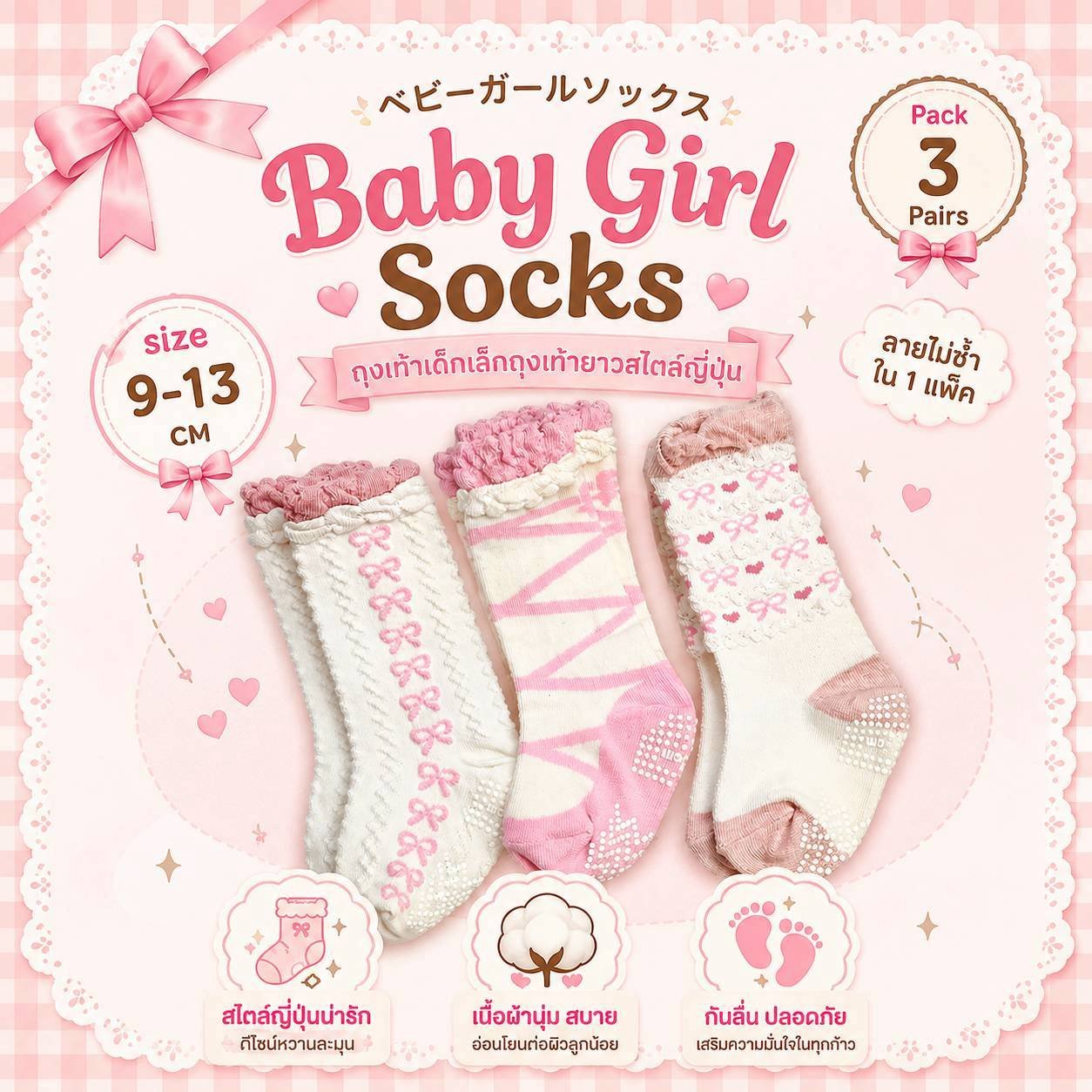 ถุงเท้าเด็กเล็กถุงเท้ายาวสไตล์ญี่ปุ่น Baby Girl Socks