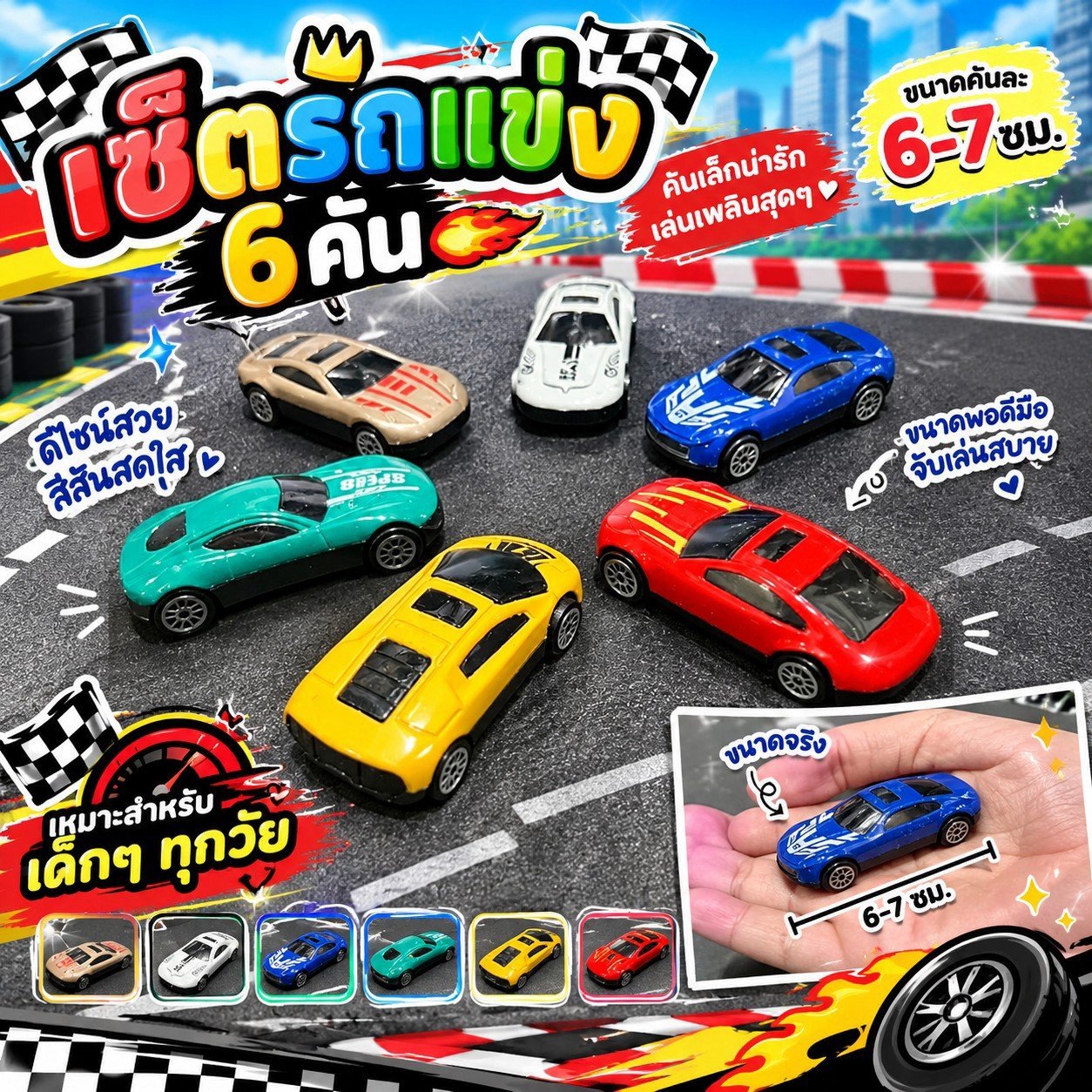 เซ็ตรถแข่งสุดคุ้ม 6 คัน รถของเล่นสีสันสดใส