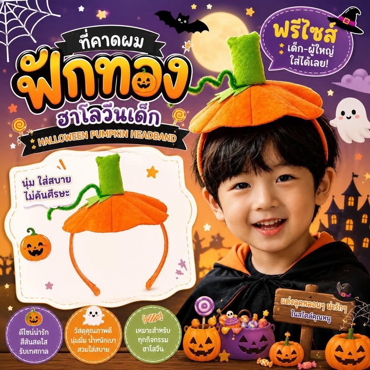 ที่คาดผมฟักทองฮาโลวีนเด็ก Halloween Pumpkin Kids Headband