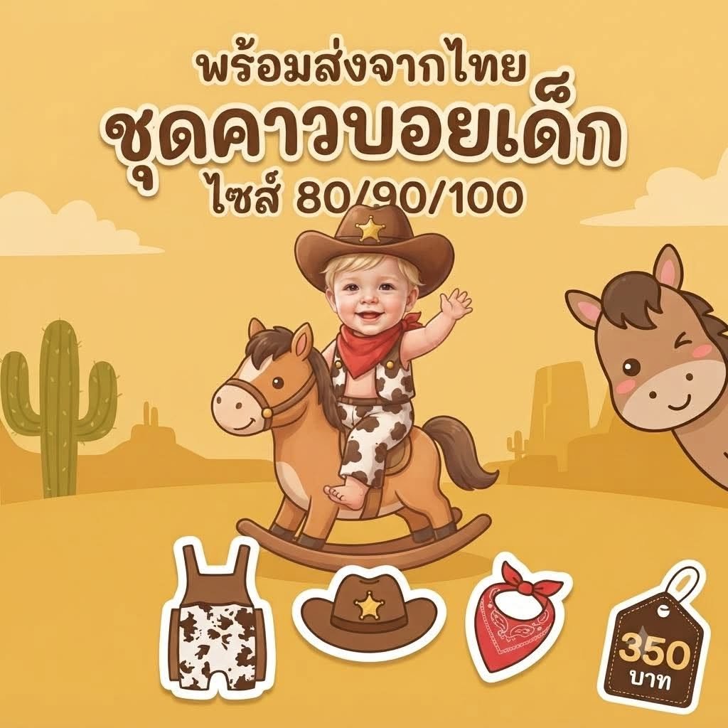 Bodysuit Cowboy หมวกคาวบอย+ผ้าพันคอ+ชุดบอดี้สูทสำหรับเด็ก 