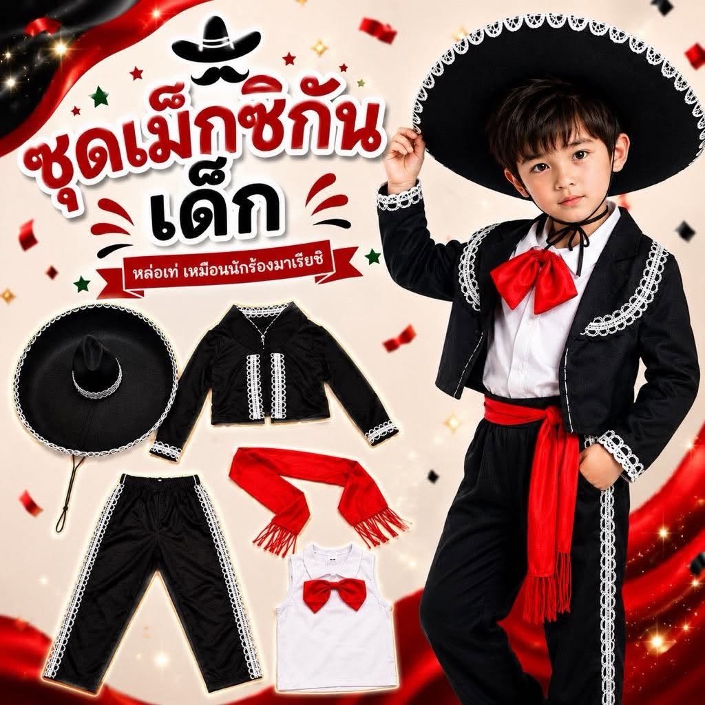 ชุดนานาชาติ ชุดเม็กซิกันเด็ก พร้อมหมวกแบบใหญ่อลัง