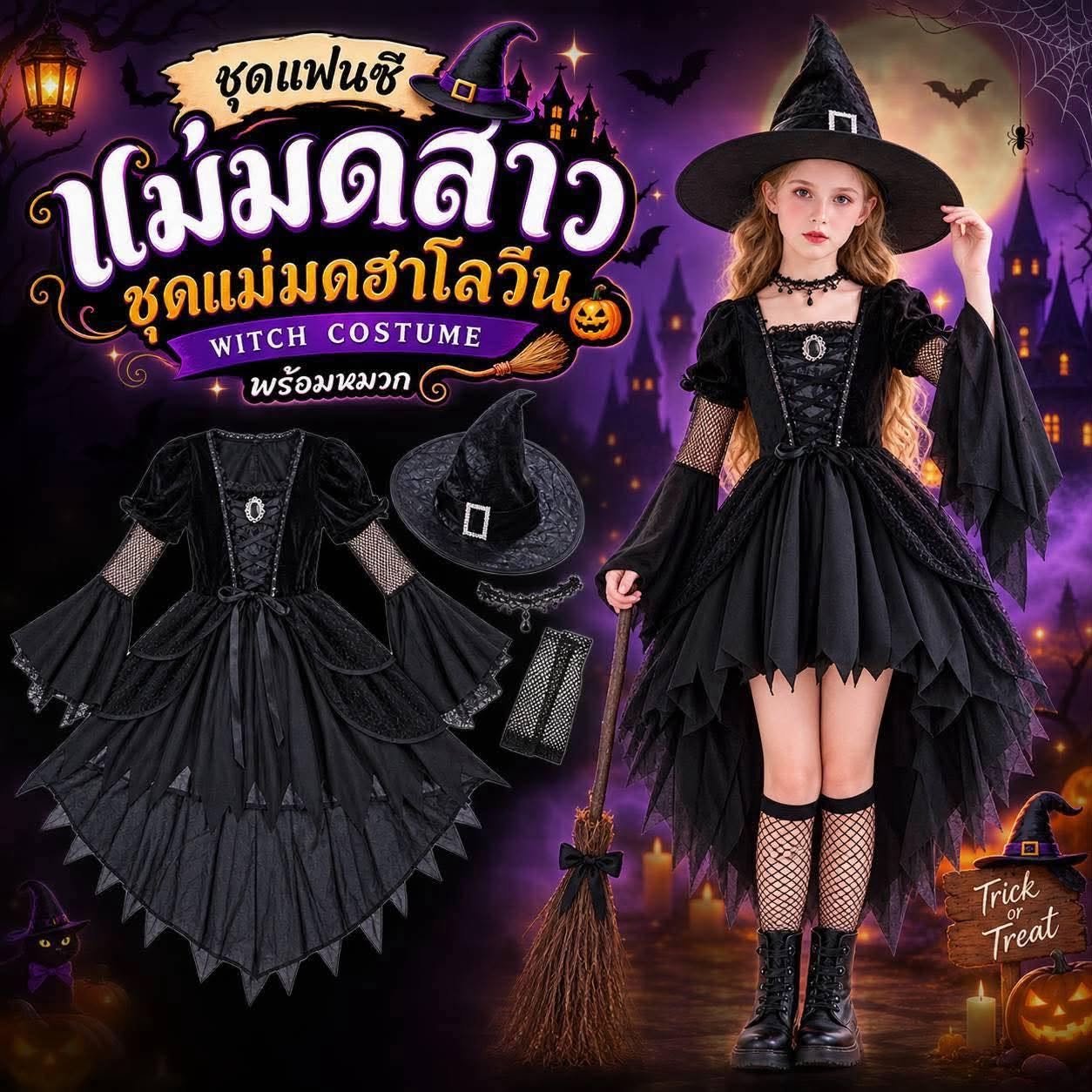 ชุดแฟนซีแม่มดสาวเด็ก ชุดแม่มดฮาโลวีน  Witch Costume