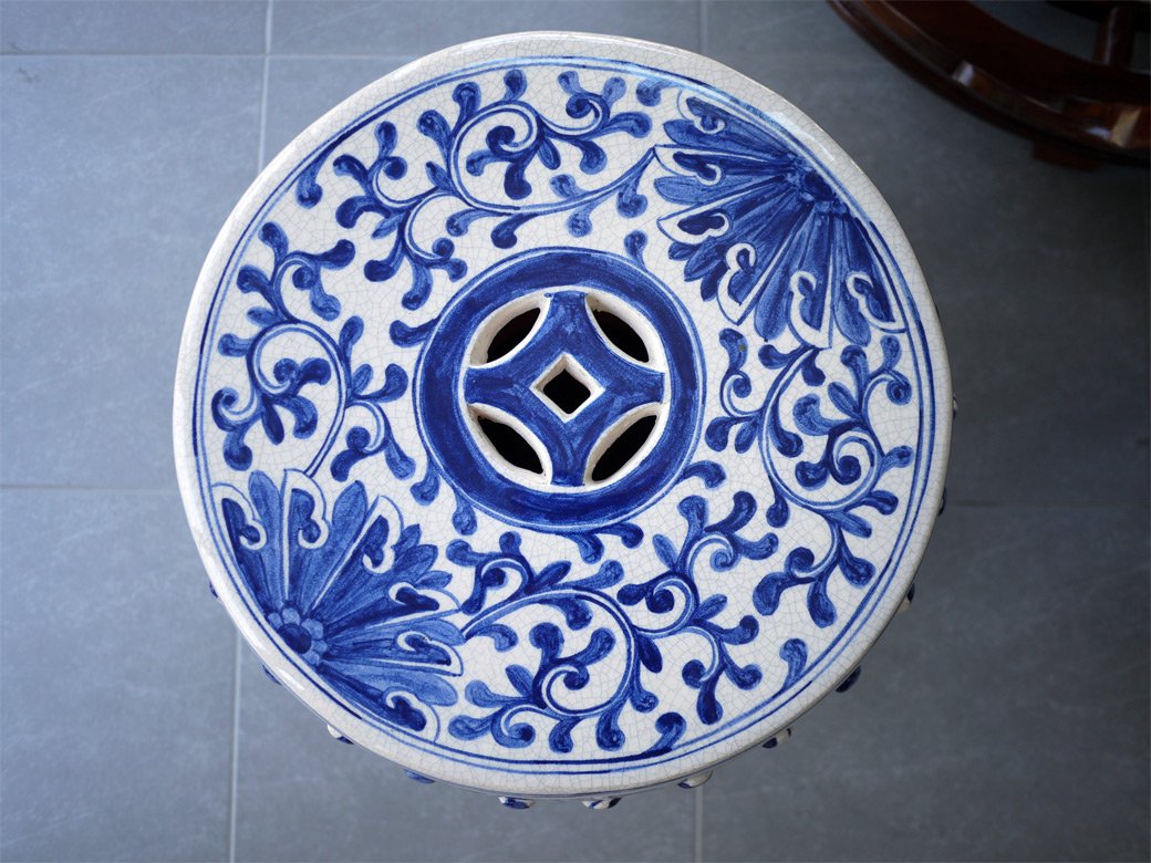 blue and white porcelain garden stool, handpainted in Thailand