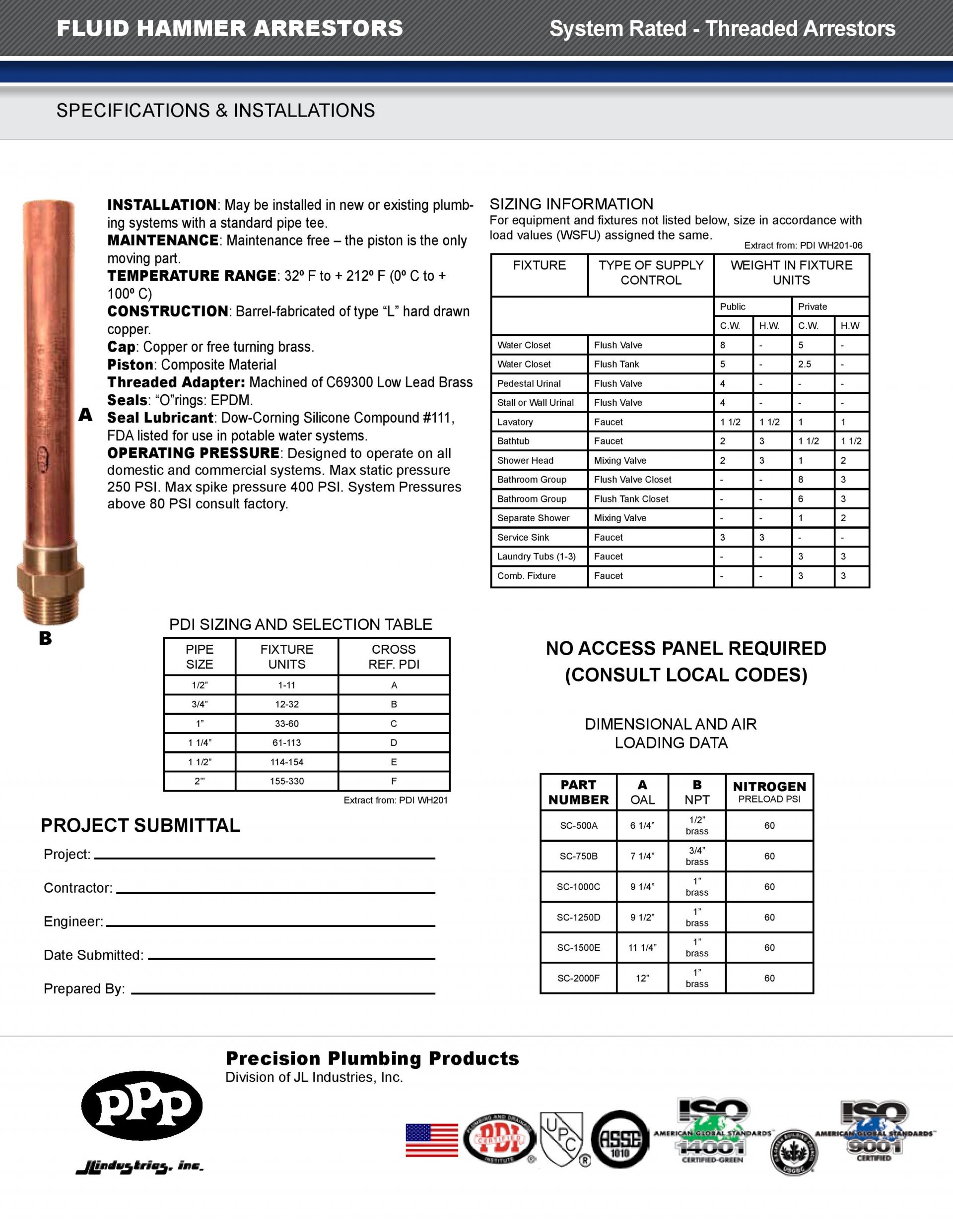 Water Hammer Arrestors PPP - วอเตอร์แฮมเมอร์ เลือกรุ่นที่เหมาะสมจากตาราง Sizing Information Fixture ลูกค้าสามารถเลือกรุ่นที่เหมาะสมกับการใช้งานได้ตามความต้องการ: • SC-500A • SC-750B • SC-1000C • SC-1250D • SC-1500E • SC-2000F