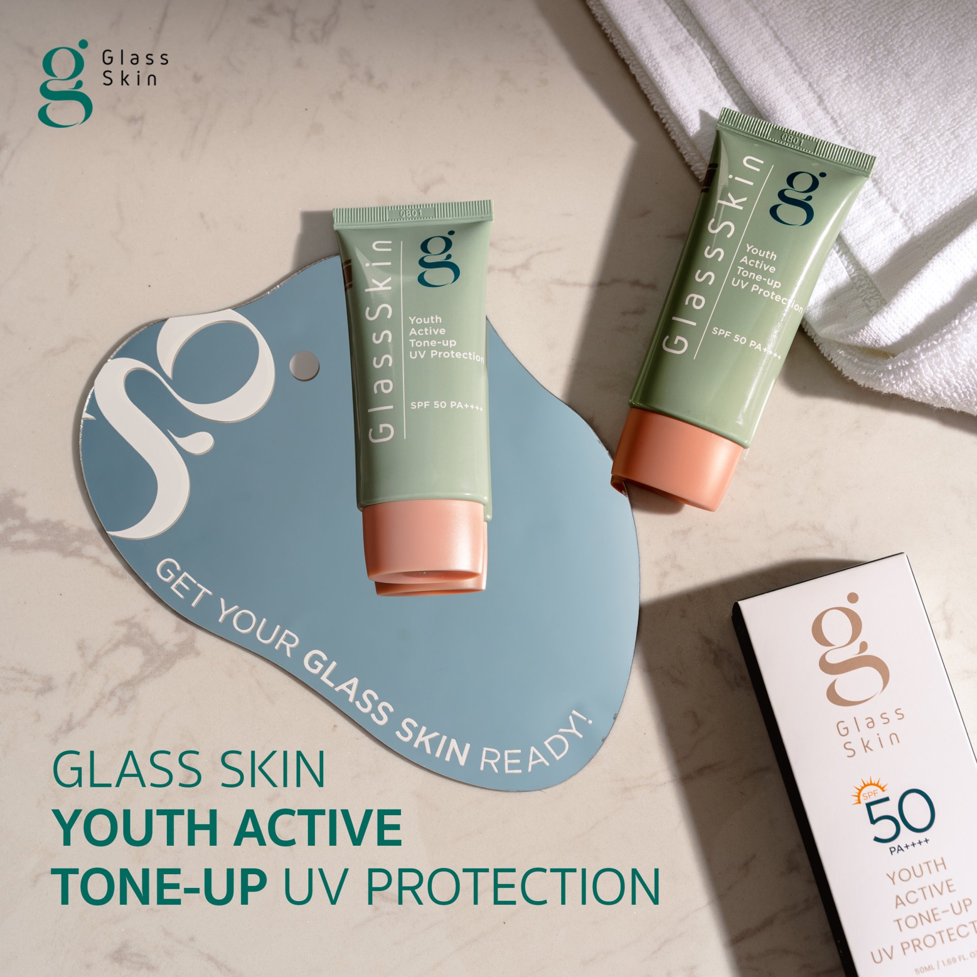 ปกป้องและปรับผิว: Glass Skin Youth Active Tone-Up SPF 50 PA++++