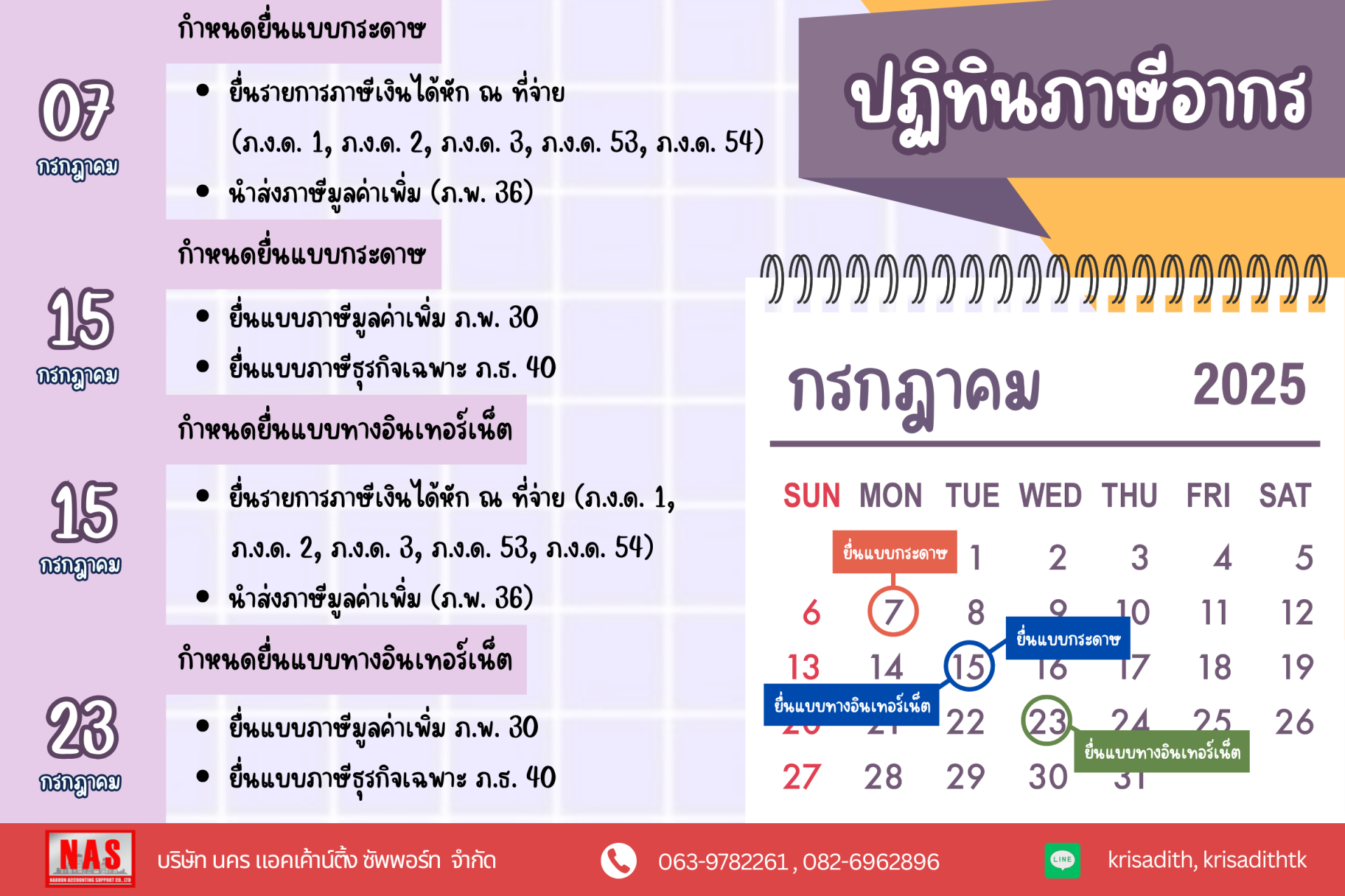 ปฏิทินภาษีอากร ประจำเดือนกรกฎาคม 2568 ปฏิทินภาษีอากร ประจำเดือนกรกฎาคม 2568