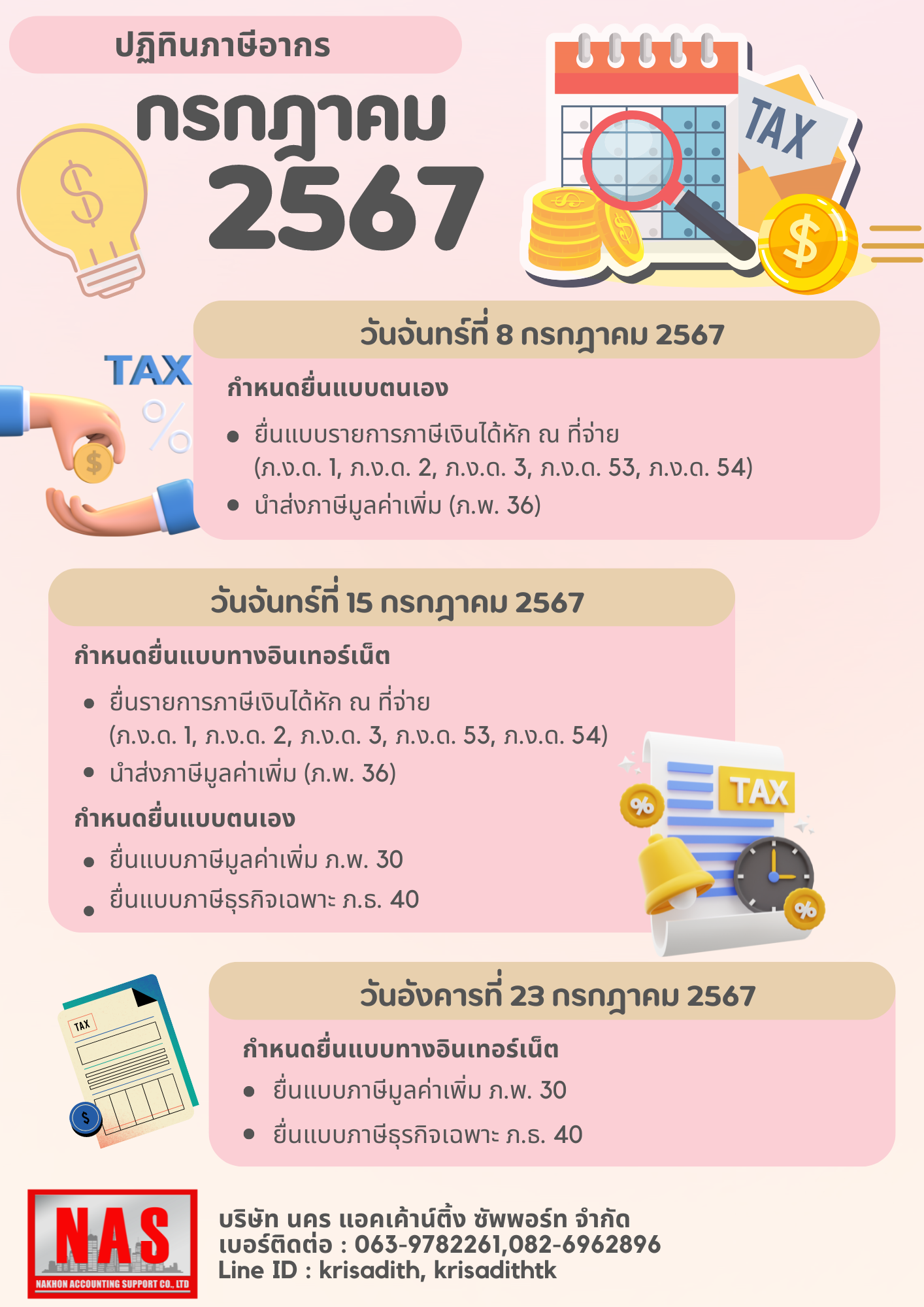 ปฏิทินภาษีอากร ประจำเดือนกรกฎาคม 2567