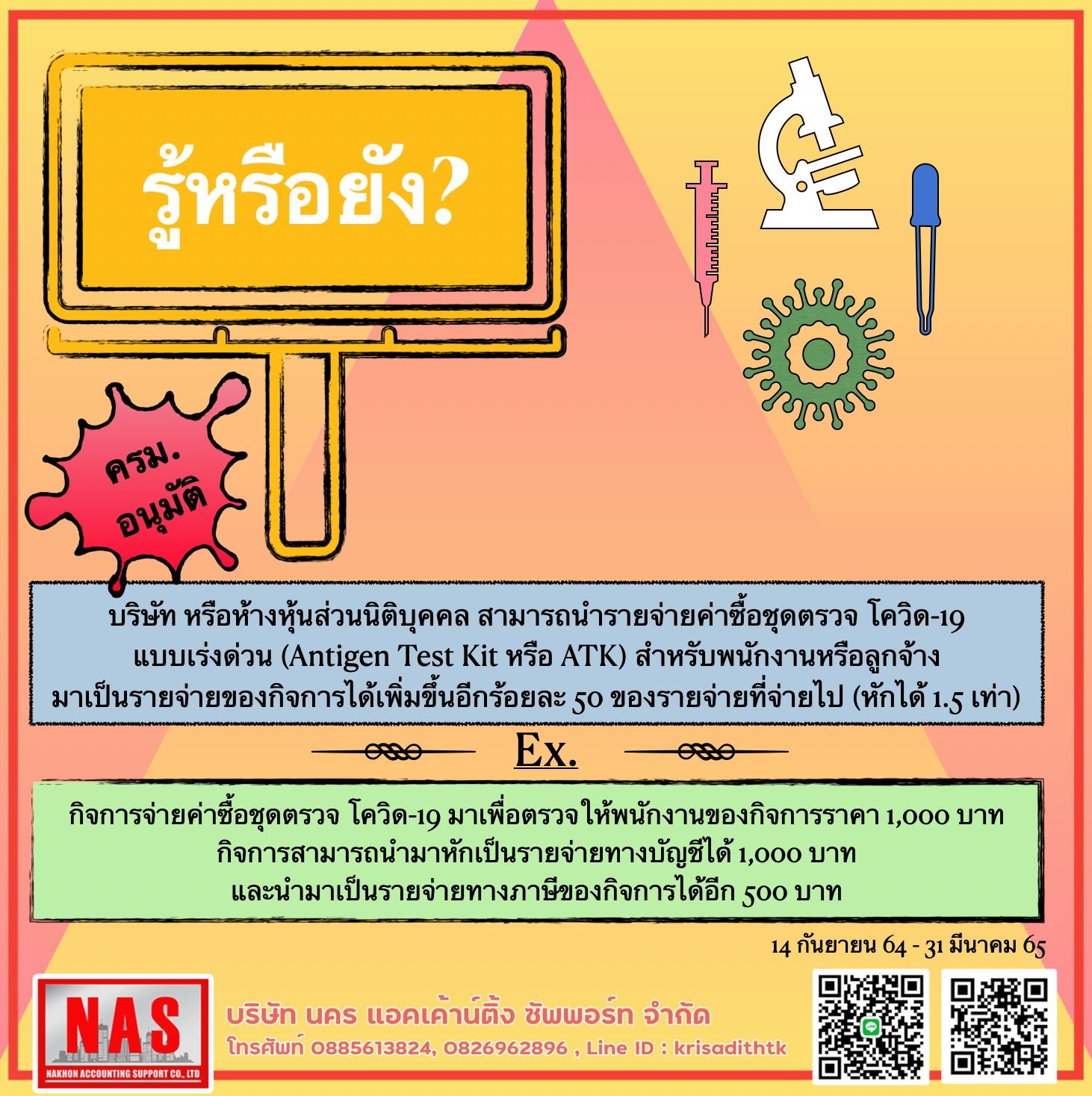 ครม. มีมติอนุมัติให้นิติบุคคลสามารถนำค่าใช้จ่ายในการซื้อชุดตรวจเชื้อโควิด-19 แบบเร่งด่วน หรือ Antigen Test Kit (ATK) มาเป็นค่าใช้จ่ายทางภาษีของกิจการได้เพิ่มเติมจากค่าใช้จ่ายปกติ ครม. มีมติอนุมัติให้นิติบุคคลสามารถนำค่าใช้จ่ายในการซื้อชุดตรวจเชื้อโควิด-19 แบบเร่งด่วน หรือ Antigen Test Kit (ATK) มาเป็นค่าใช้จ่ายทางภาษีของกิจการได้เพิ่มเติมจากค่าใช้จ่ายปกติ