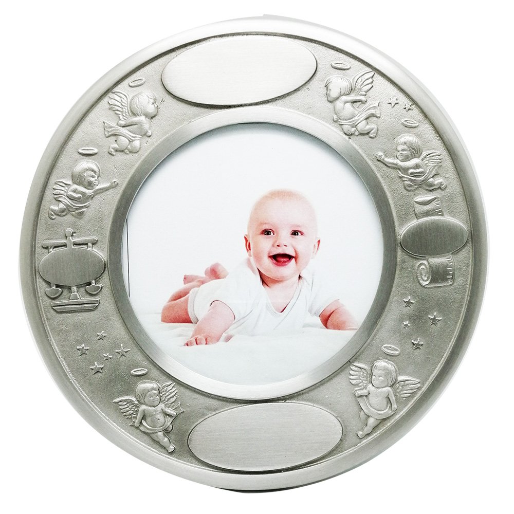 Pewter Angels Birth Record and Photo Frame Round